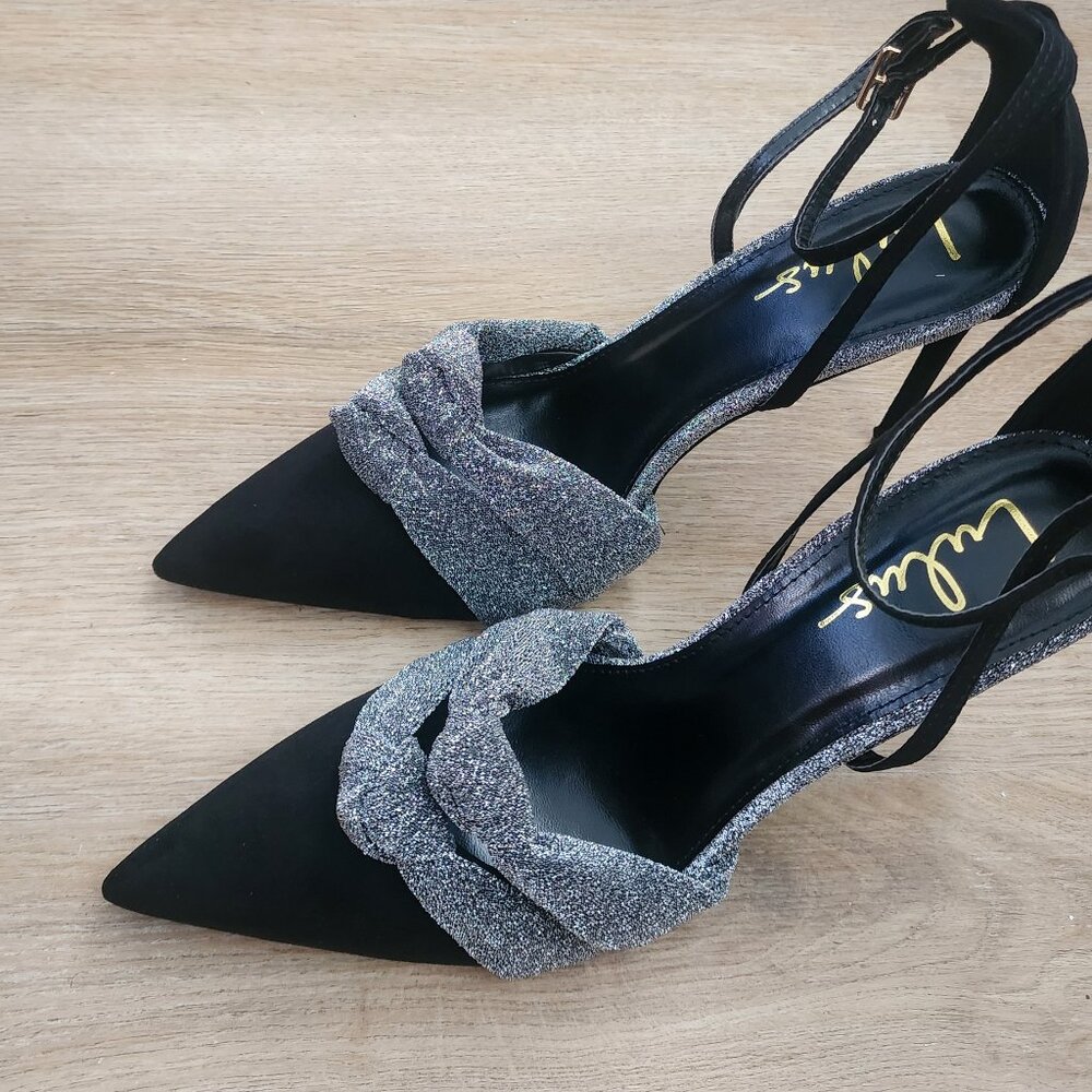 Black and Sliver Pointed Toe Ankle Strap Heels SZ 11